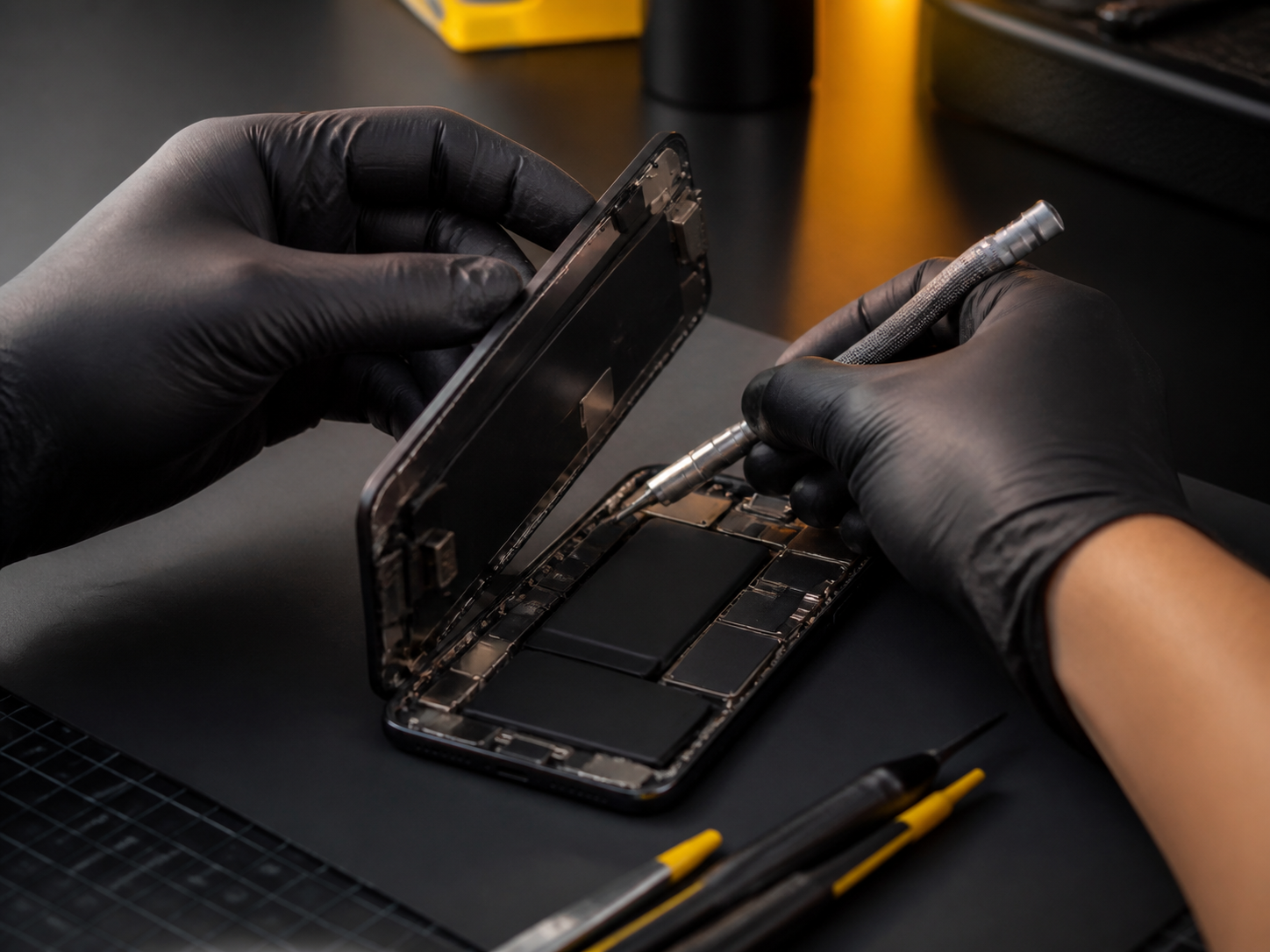 Técnico realizando manutenção em celular