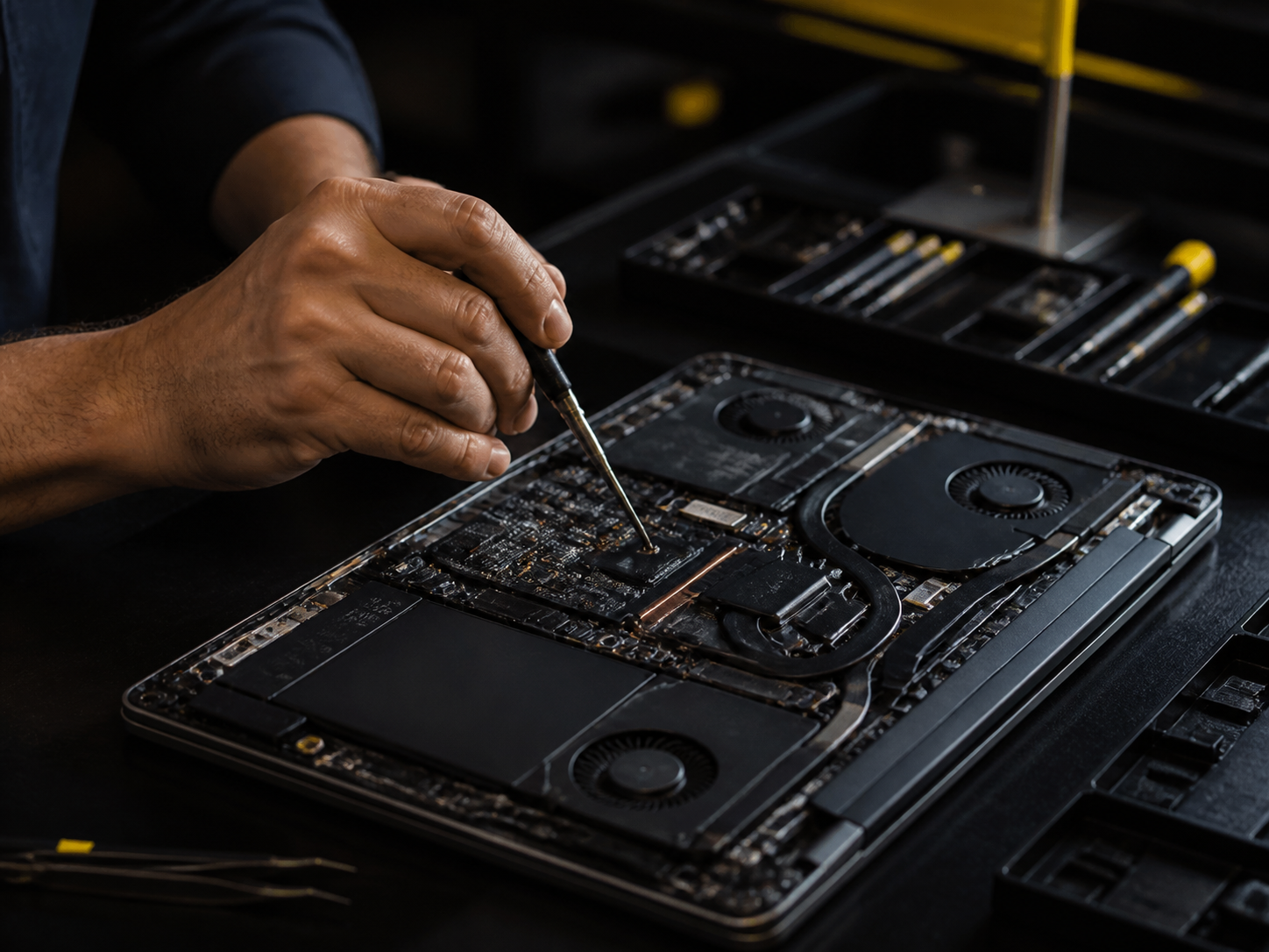 Técnico realizando manutenção em notebook